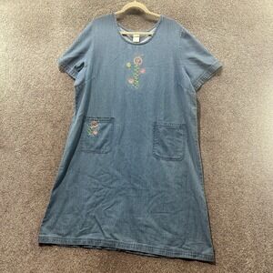 Blair Blue Jean Shift‎ Dress Women XL Floral Embroidered Denim Pockets Cottage
